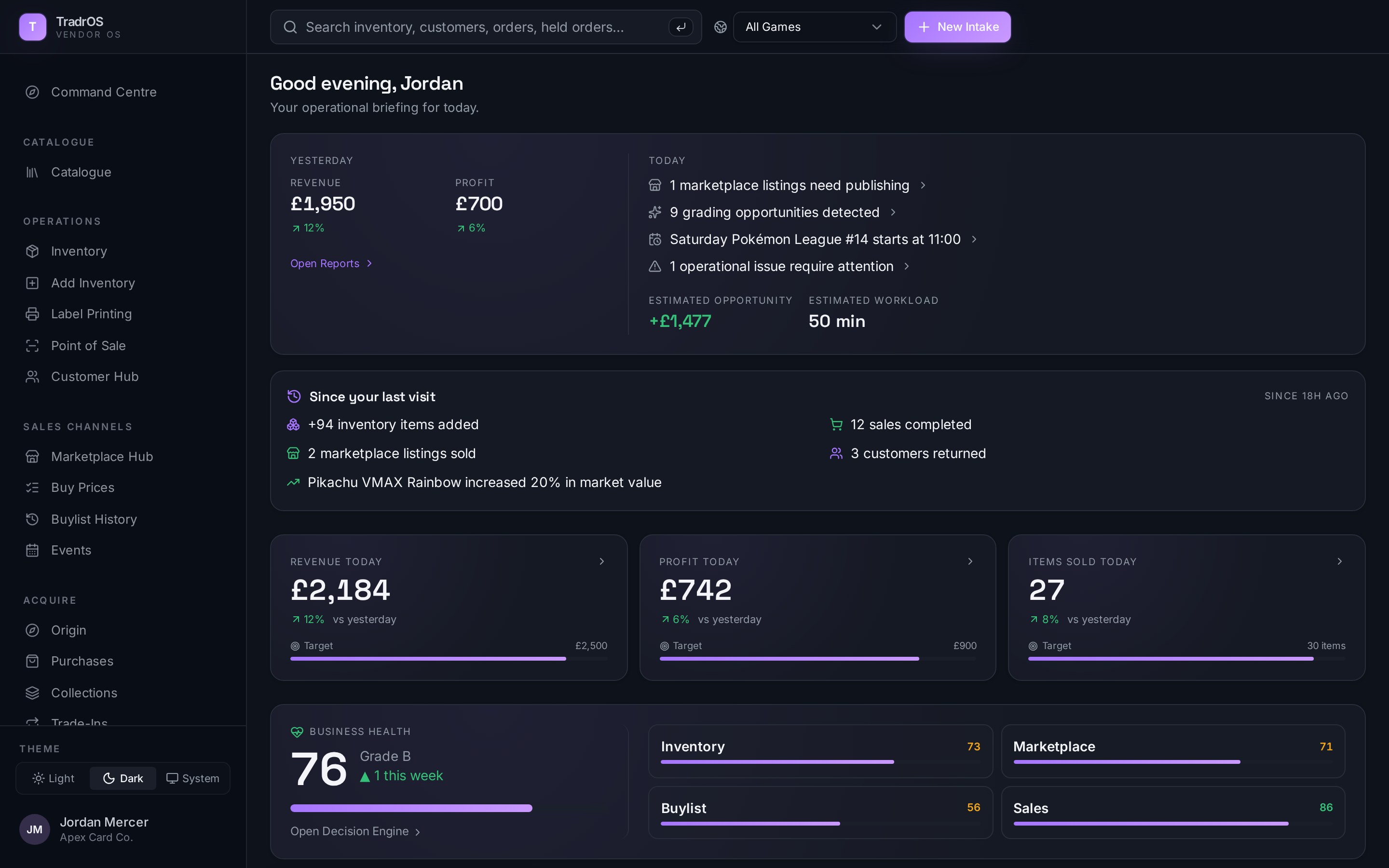 TradrOS Command Centre — the daily operational briefing across inventory, marketplace, buylist and customers.